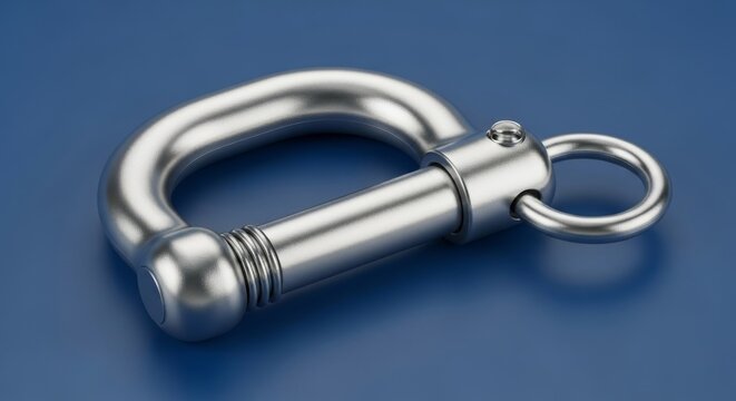 Close-up of a metal shackle on a blue surface