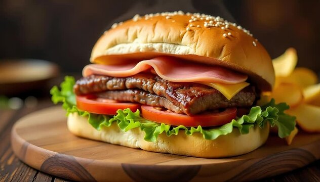 Uruguayan chivito sandwich stacked with steak, ham, cheese, lettuce, and tomato slices 