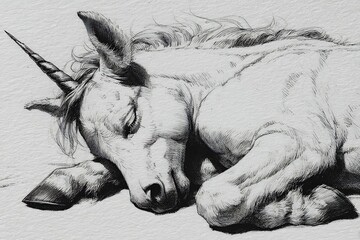 Sleeping unicorn drawing fantasy themed sketch high resolution photo