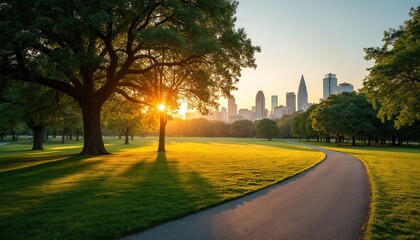 Park pathway curves through green grass with large trees and city skyline. Sun rays stream through tree branches at golden hour. Urban nature scene at sunset, peaceful cityscape backdrop.