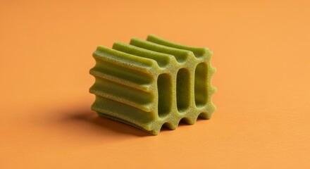 Close-up of a green sponge-like block with an orange background.