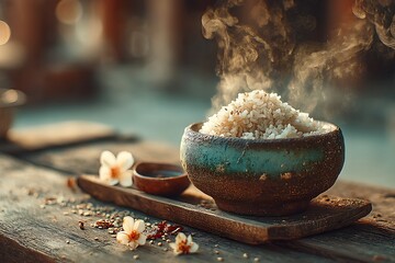 Steaming jasmine rice in ceramic bowl on rustic wooden table high resolution picture
