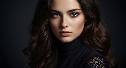 Fototapeta premium Beautiful woman with blue eyes in a black turtleneck portrait