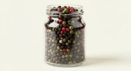 Glass jar filled with multi-colored peppercorns on a plain background