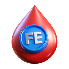 3d red blood drop icon with fe symbol for iron health and medical concepts title should be unique, creative and subject oriented