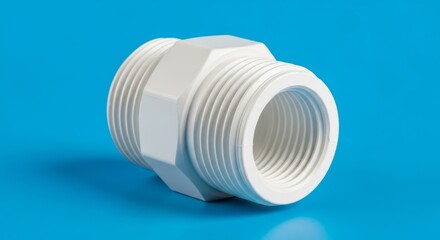White PVC fitting adapter for plumbing on a blue background.