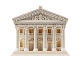Fototapeta premium Front facade of a classical style government building. Light beige stone, columns, pediment, and multiple windows