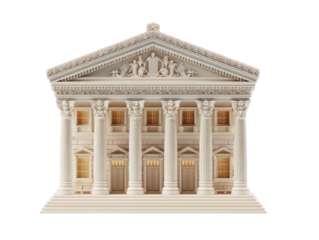 Front facade of a classical style government building.  Light beige stone, columns, pediment, and multiple windows