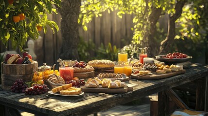 A garden brunch spread on a rustic wooden table.
