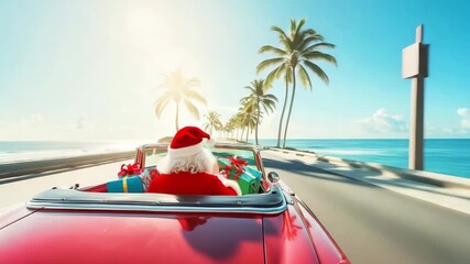 Santa enjoys a warm winter drive along a palm lined coast while delivering holiday gifts in a convertible car - Powered by Adobe