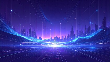 A futuristic cityscape, rendered with vibrant blue and purple hues, overlaid with a network of luminous lines and points, conveying a sense of digital connectivity.