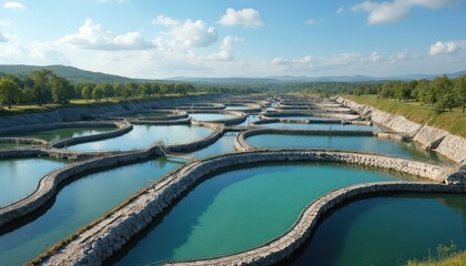 Aerial view of fish farm pools with turquoise water in valley. Green trees, landscape and blue sky with clouds around. Concept aqua business and eco farming.