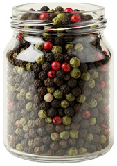 Glass jar filled with multi-colored peppercorns on a plain background, transparent background png