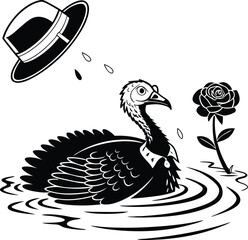 Fototapeta premium Black and white illustration of a turkey in water with a hat and rose bird pond
