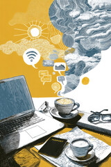 Illustration of a workspace featuring a laptop, coffee cups, notebook, and passport, surrounded by creative elements like clouds and icons, representing travel and inspiration