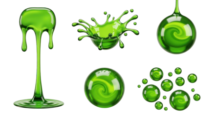 Green Liquid Splashes and Droplets Collection on White Background.