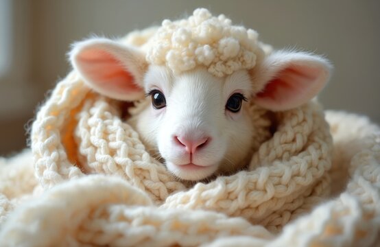 Small fluffy lamb wrapped in warm knitted blanket. Cute baby animal with big dark eyes looking at camera. Peaceful domestic pet resting in soft wool cloth, cozy and safe. - Powered by Adobe