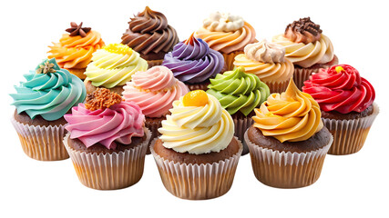 Assortment of colorful cupcakes isolated on transparent background, each adorned with a unique frosting and topping, perfect for celebration and sweet treat
