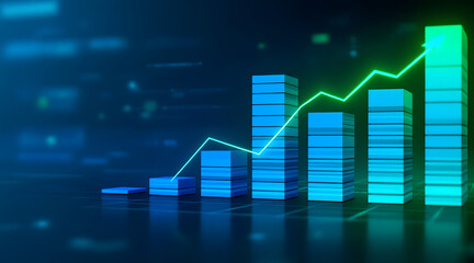 Upward trend bar chart with green line graph