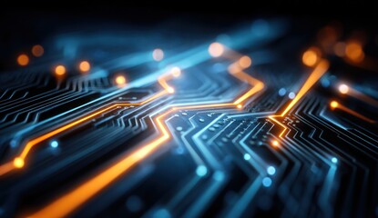 Obraz premium A detailed close-up view of intricate circuit board pathways illuminated by vibrant orange and blue lights.