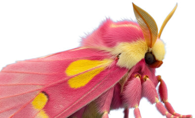 Close-up of a colorful rosy maple moth against a blue background, transparent background png