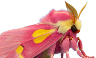 Close-up of a colorful rosy maple moth against a blue background, transparent background png