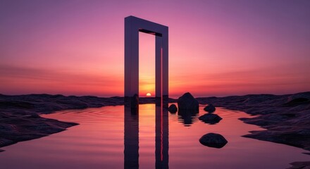 A Surreal Geometric Portal Frames a Vibrant Sunset Over Calm Waters