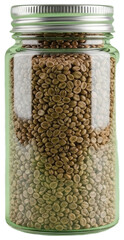 Glass jar filled with seeds on a green background., transparent background png