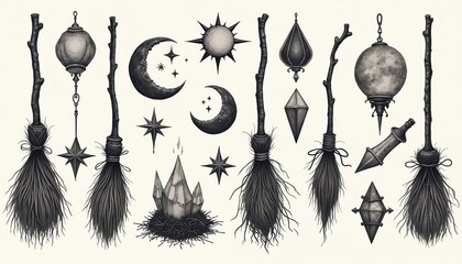 Line art shows witch brooms with occult objects. Design elements include moon stars sun and lanterns. Magic and mystic style item set. Halloween concept for art projects and decor.