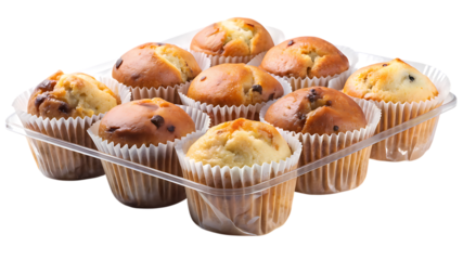 Delicious muffins in a plastic container isolated on transparent background perfect for breakfast, snack, or dessert, these muffins are a tasty treat