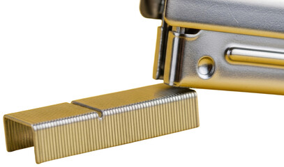 Close-up of a stapler with staples on a yellow background., transparent background png