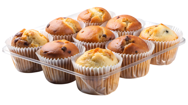 Delicious muffins in a plastic container isolated on transparent background perfect for breakfast, snack, or dessert, these muffins are a tasty treat