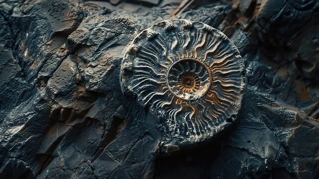 A detailed view of a fossil embedded in a rocky surface, offering a unique perspective on the ancient specimen