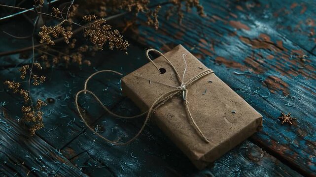 A rustic scene with a brown package wrapped in twine sitting on a wooden table