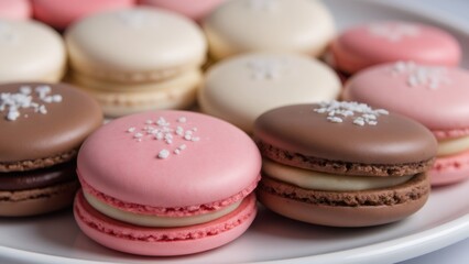 Fototapeta premium Assorted macarons on a white plate, perfect for a sweet delight anytime