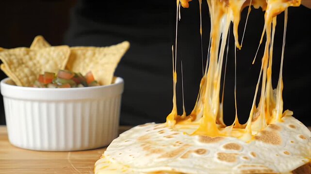 Delicious Queso Dip with Tortilla Chips Close Up Slow Motion Appetizing Food Shot