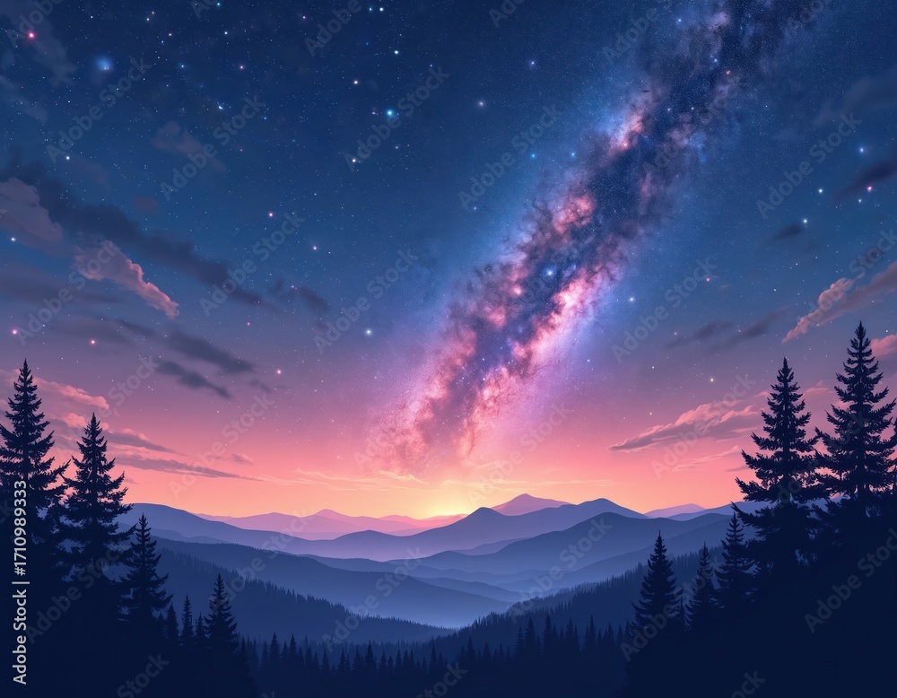 Wall mural colorful night sky with milky way over mountain range and woods. fir trees silhouette in foreground.