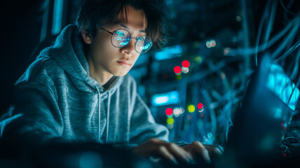 Asian male technician wearing glasses is focused on laptop while working in a server room surrounded by cables and blinking lights, showcasing modern technology and dedication