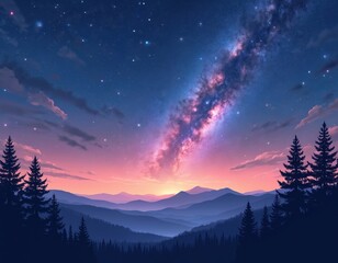 Fototapeta premium Colorful night sky with Milky Way over mountain range and woods. Fir trees silhouette in foreground. Dark forest scene. Night sky exploration adventure. Outer space view.