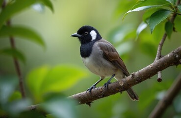 Close-up on white eared bulbul perched on branch among green leaves. This bird has black head and neck, grey body. Bird watches the surroundings. Green foliage background.