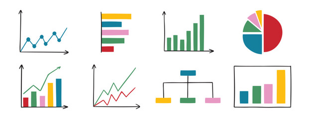 charts and graphs doodle hand drawn icon set. Different types of charts for business presentation. data and analytics diagram cartoon concept drawing