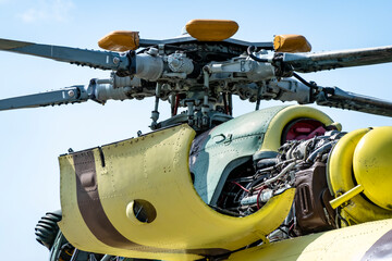 View of the main turbine engine and rotor of a military helicopter