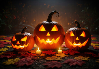 Halloween pumpkins glowing with candles