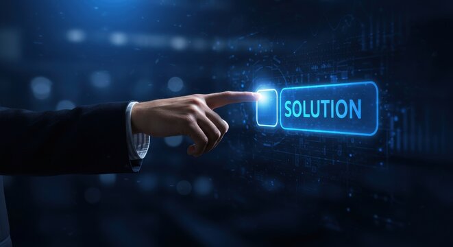 Business professional's finger pressing a glowing blue button labeled 'SOLUTION' on a futuristic digital interface, representing problem-solving and innovation