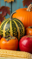 Close-up of pumpkins, persimmon, apple, and corn, showcasing autumn harvest abundance and rich colors, symbolizing Thanksgiving or fall season