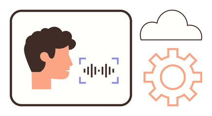 Profile of a person speaking with sound wave visuals, cloud icon, and gear symbol. Ideal for AI, communication, machine learning, voice assistants, innovation technology connection. Simple flat