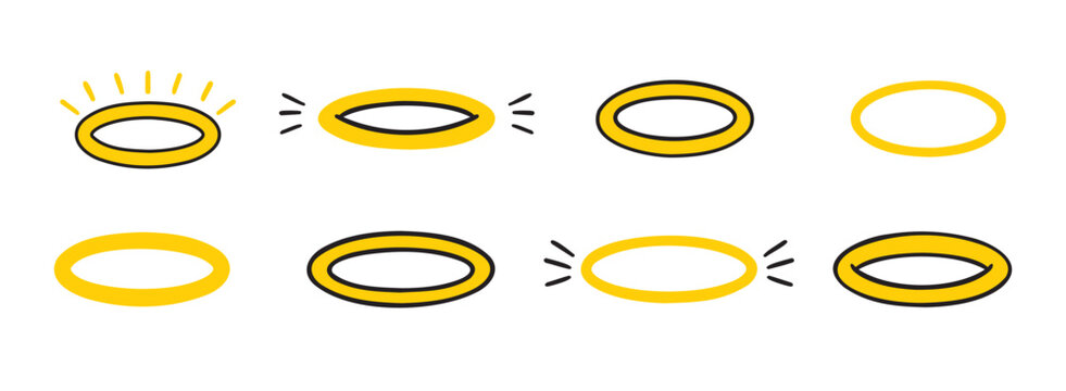 angels halo, nimbus doodle icon set. vector flat icon design yellow halo on white background. logo template halo element religion theme.