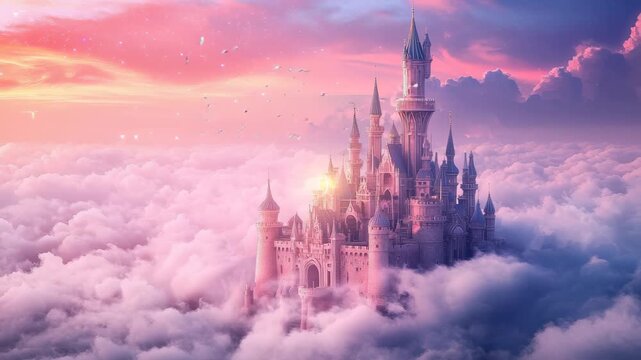 Marvelous magic pink castle floating in the clouds of a whimsical fantasy world during sunset, Magic Pink Castle in the clouds Fantasy world fairyland