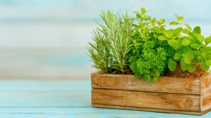 Fresh herbs growing in a wooden planter on a sunny kitchen countertop