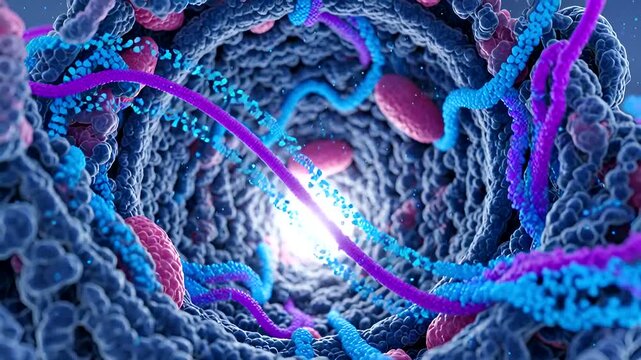 Medical visualization of vein interior with platelets and blood cells flowing showing blood flow